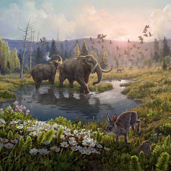 Illustration of an ancient landscape with mammoths, rabbits and birds. 