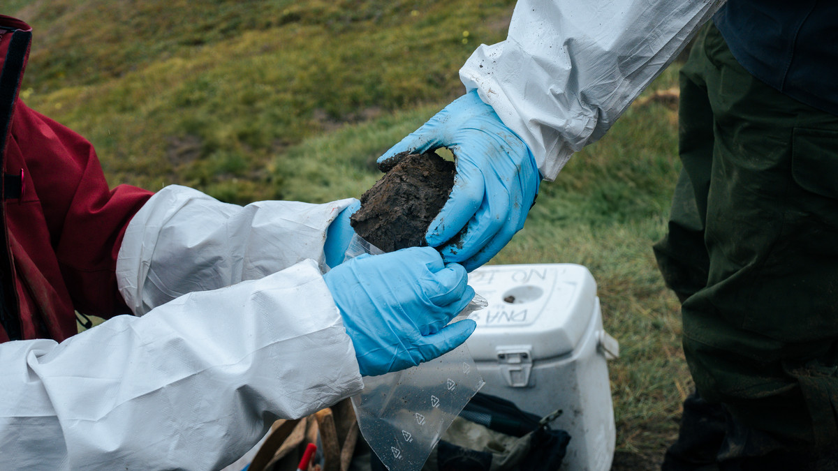 Close-up of two researchers collecting soil samples while wearing protective gear.